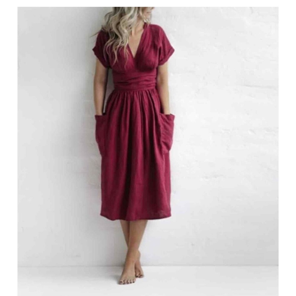 Wrap Dress Red Short Sleeves V Neck Pockets Midi